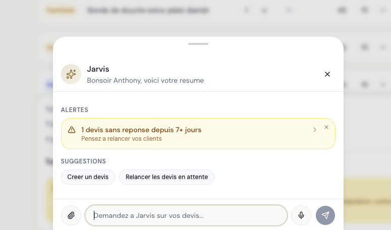 Assistant IA Jarvis — alertes et relances de devis dans OVRA